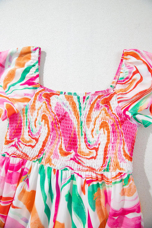 Pink Abstract Print Ruffled Sleeve Smocked Bust Maxi Dress